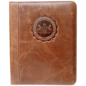 brown leather portfolio with embossed Pennsylvania State University Seal